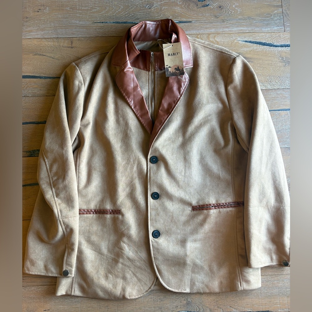 NWT MANLY VINTAGE CASUAL FAUX LEATHER & SUEDE DOUBLE COLLAR WESTERN STYLE JACKET
